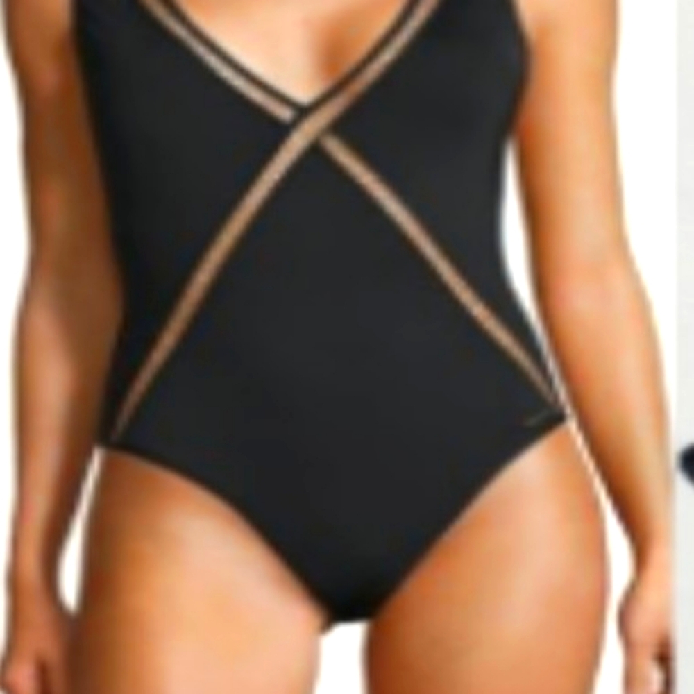 Michael Kors Black Sheer Crossed Lattice Deep V-neck Low Back One-piece Swimsuit